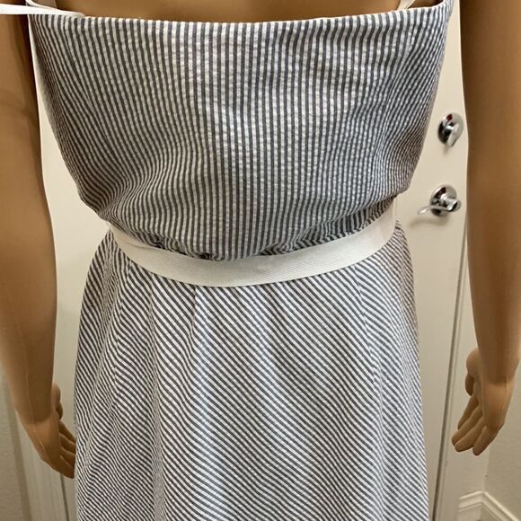 Ann Taylor Loft Size 12 Strapless Gray White Striped Belted Zip Woman’s Dress - Picture 7 of 10